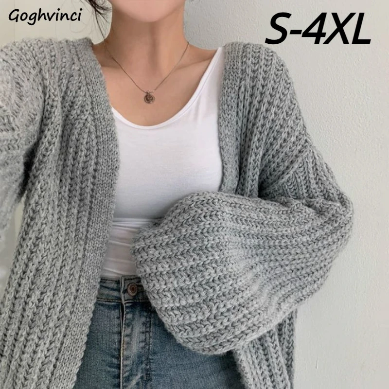 

Solid Cardigan Women Loose S-4XL V-neck All-match Autumn Winter Coats Ins Lantern Sleeve Chic Daily Preppy Female Streetwear New