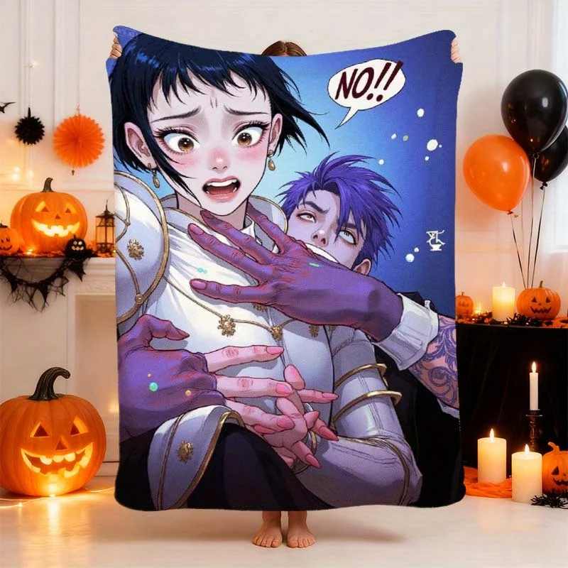 1pc KPOP Girl Group Anime Blanket - Soft Flannel All-Season Bedspread with K-Pop Characters, Pastel Colors Purple Blue Pink