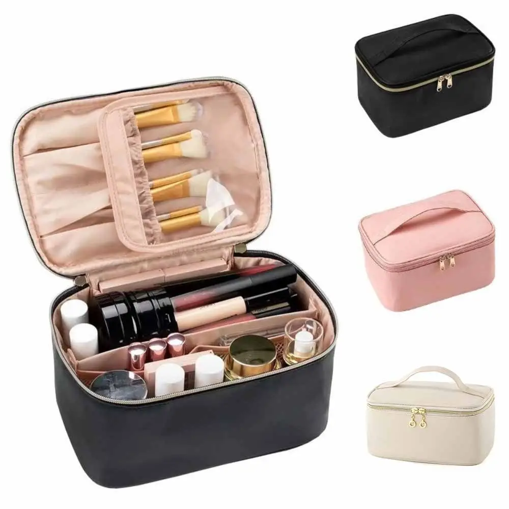 Portable Large Capacity PU Makeup Bag PU Waterproof Cosmetic Bag With Handle Divider Handheld Women Toiletry Bag Women
