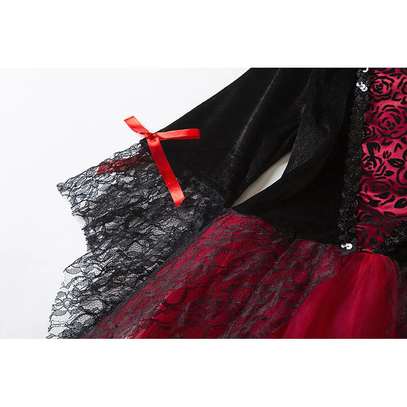 Kinder Day Of The Dead Cosplay-Outfit Schwarzes Rotes Kleid Komplettes Rosen-Accessoire-Set für Halloween, Karneval, Geburtstag, Rollenspiel – Detail 7