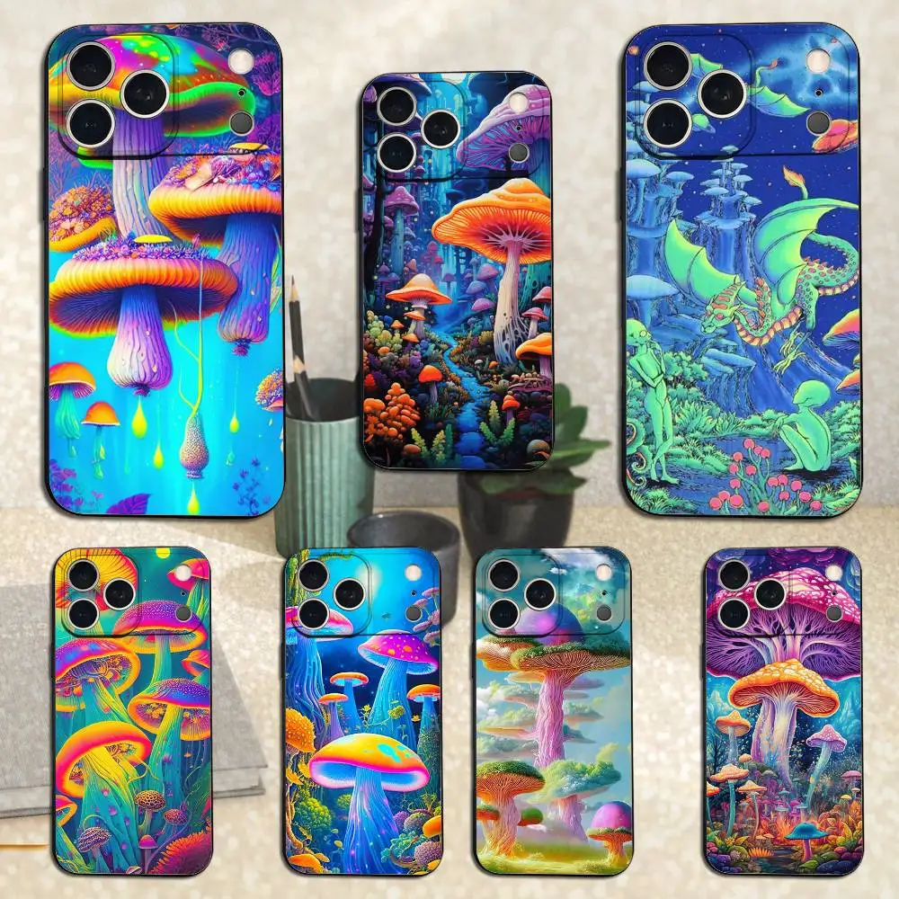 Cogumelo trippy de planta estranho para iPhone 8,7,11,12,15,14,13,16,17,Plus,Pro Max, XS, X, XR, SE, Mini, capa preta de silicone macio