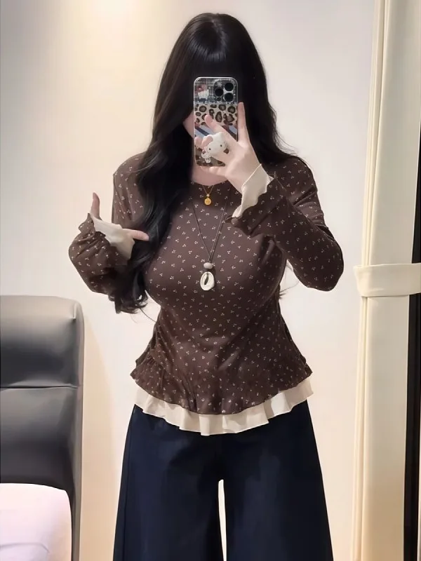 

Женская футболка больших размеров в корейском стиле с длинным рукавом, цветочным кружевом, приталенная, модная, весенняя, с дизайнерским акцентом