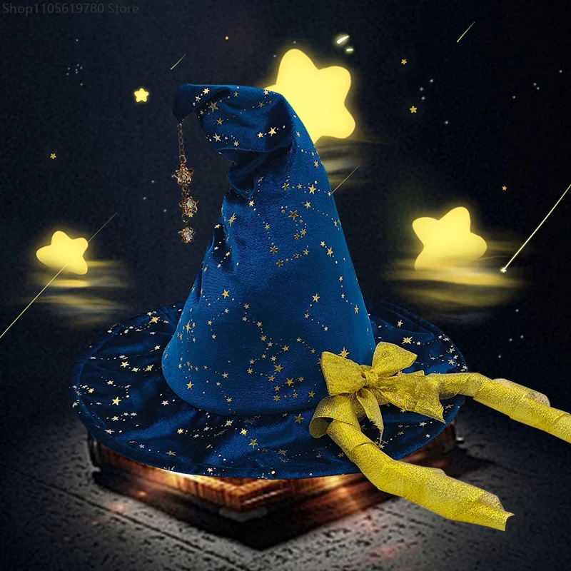 Bow Star Decor Witch Cosplay Hat Wide Brim Wizard Headwear Halloween Masquerade Carnival Costume Accessory Dress‑Up Party Prop