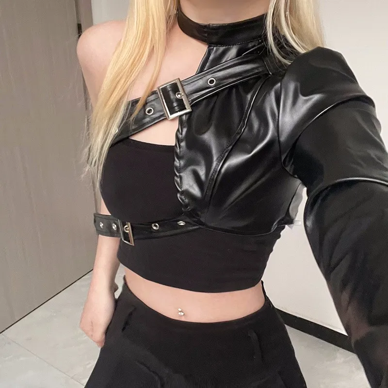 B-Toto Street Hot Girl Single Shoulder Irregular Heavy Industry Adjustable Buckle Leather Top Motorcycle Style Short PU Leather