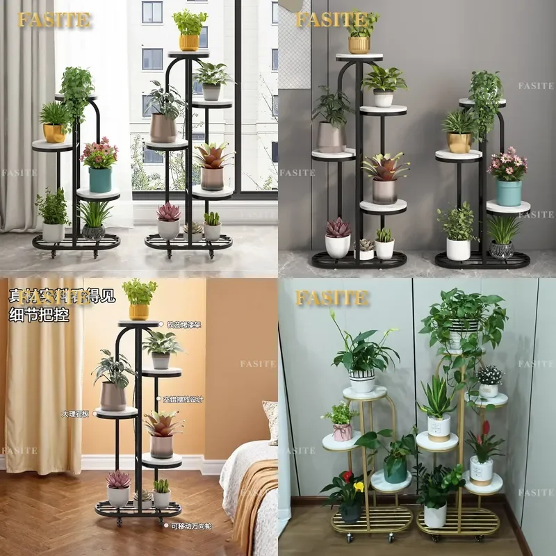 For Balcony Movable Wrought Iron Flower Stand Multi Layer Floor to Ceiling Shelf High End Light Luxury Green Dill Plant Rack