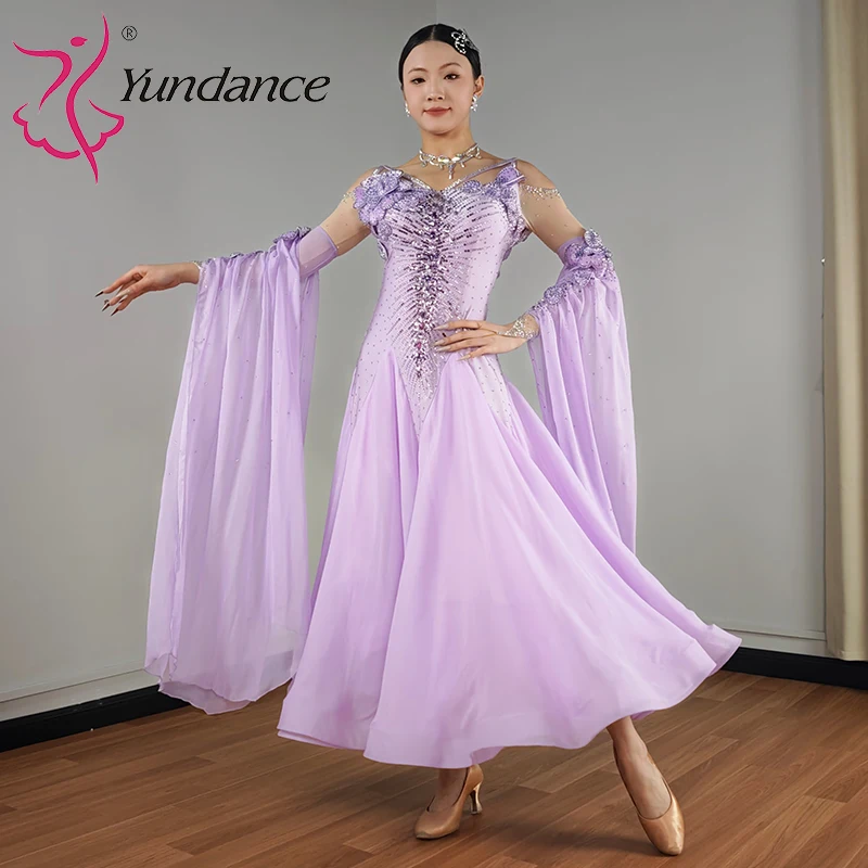 

B-25141 International Standard Ballroom Dance Costume Spandex Dress for Women Stage Dance Performance Wear Violet Purple Chiffon