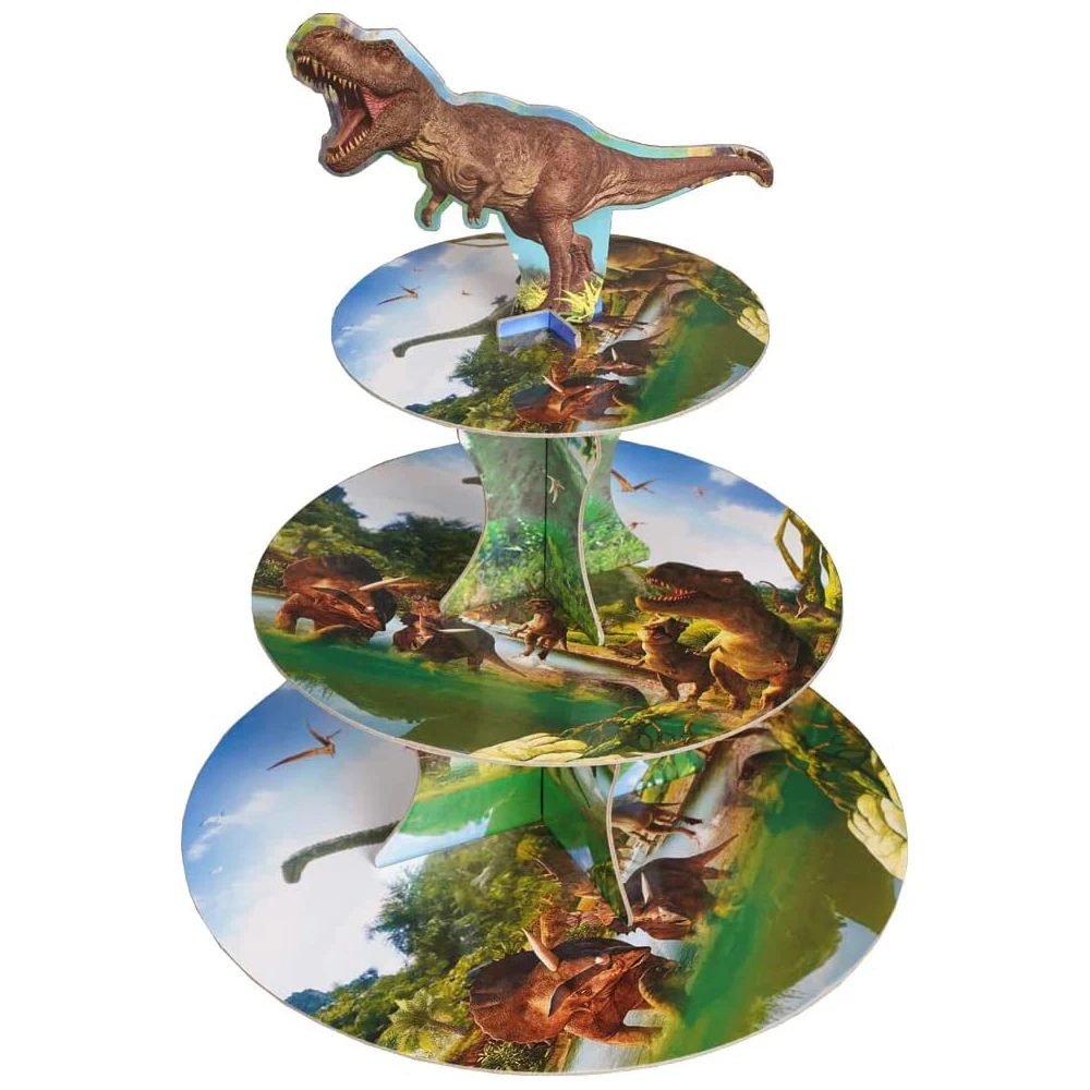 Jurassic Period Dinosaur Cake Stand Display 3 Layer Baby Shower Party Cupcake Rack Holder Kid Boy Birthday Party Cake Tray