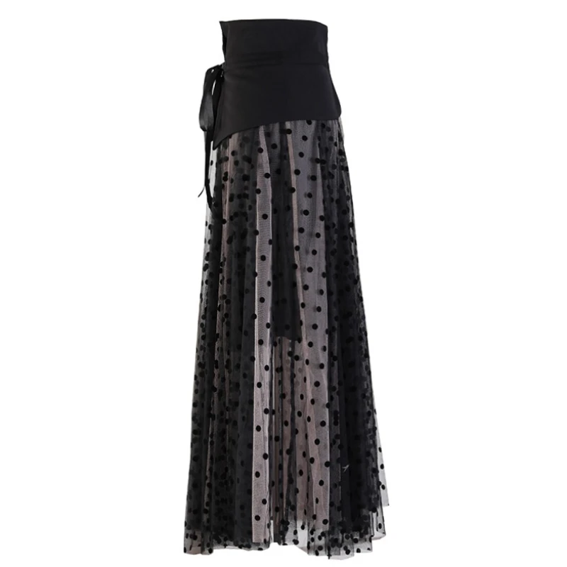 CHICEVER ภาษาฝรั่งเศสคํา Retro Dot พิมพ์ตาข่ายกระโปรงผู้หญิงสูงเอว Patchwork Lace Up Temperament ชุดราตรี Maxi กระโปรงหญิงใหม่