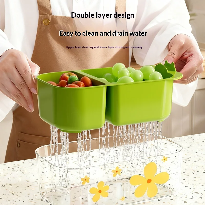 2in1 Drain Basket Grid Fruit Basket Telescopic Water Filter Thickened Vegetable Washing Basket with Lid Double-layer Fruit Plate