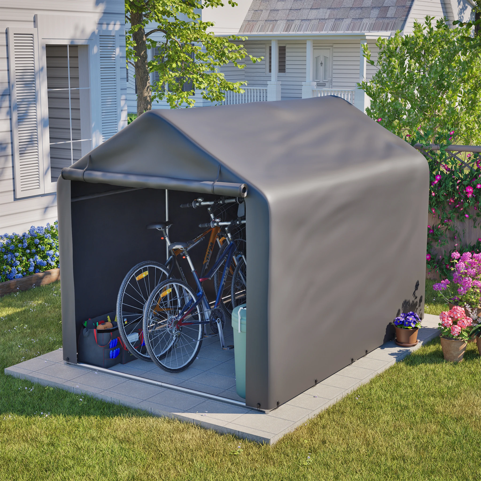 Graue Outdoor-Fahrradgarage 160x220x165cm Wasserdichtes PE-Rolltor Hof Wind- und Regenfester Aufbewahrungscarport