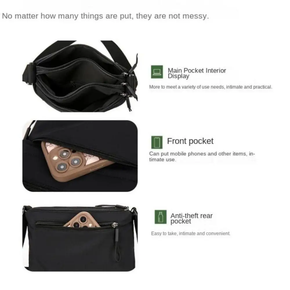 

Fashion Oxford Crossbody Bag Solid Color Large Capacity Shoulder Bag Multi-Zipper Design Soft Fabric Messenger Bag Women Men