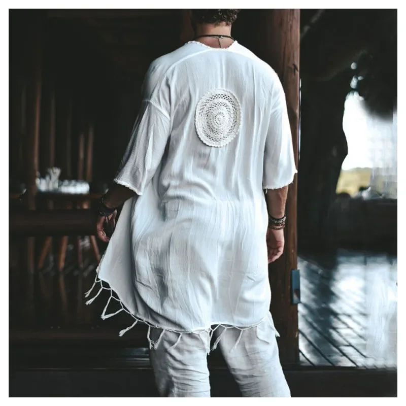 Men Tulum Linen Holiday Cardigan Men\'s Long White Cardigan Spring / Summer Thin Men\'s Sun Protection Shirt Fringe Long Cardigan