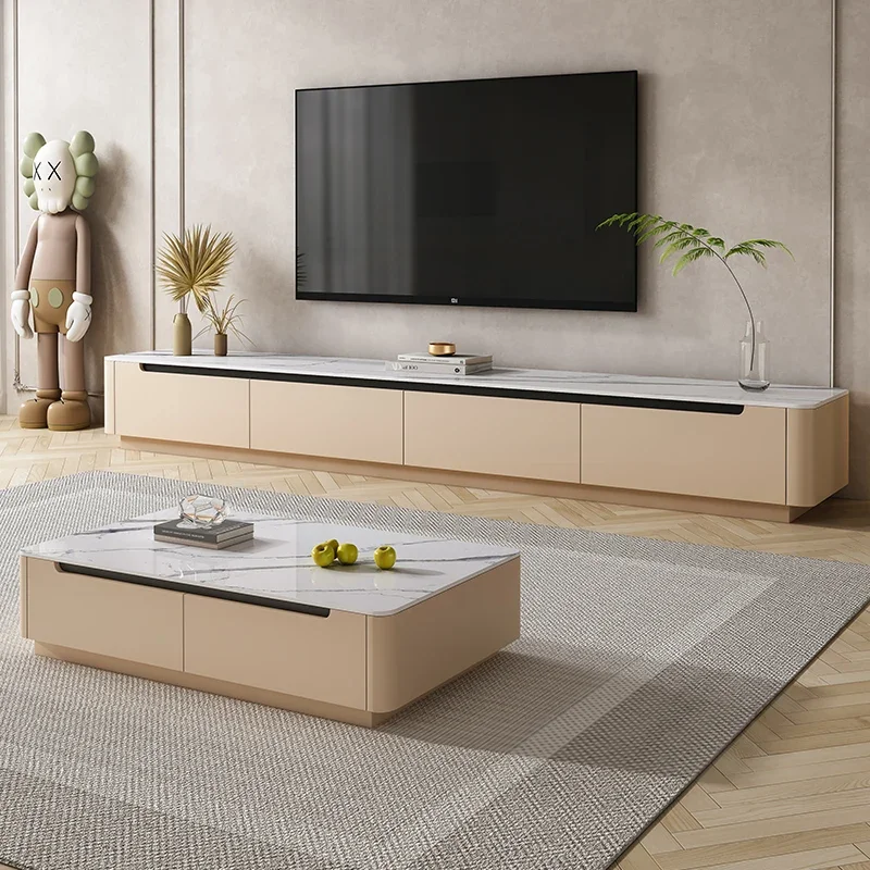 Minimalist rock slab floor-to-ceiling TV cabinet coffee table combination, modern simple storage TV captain cabinet
