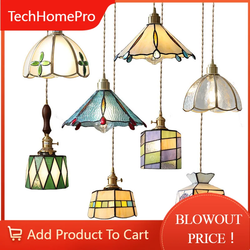 TechHPIWHD Colorful Glass Copper LED Pendant Lights Fixtures Kitchen Bedroom Living Room Beside Loft
