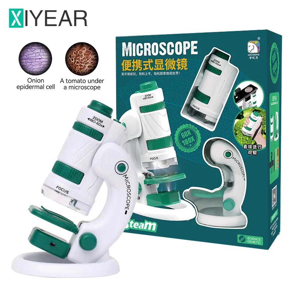 Kids Science Microscope Toy Kit 60-180x Educational Mini Pocket Handheld Microscope With LED Light Outdoor Children Stem Toy