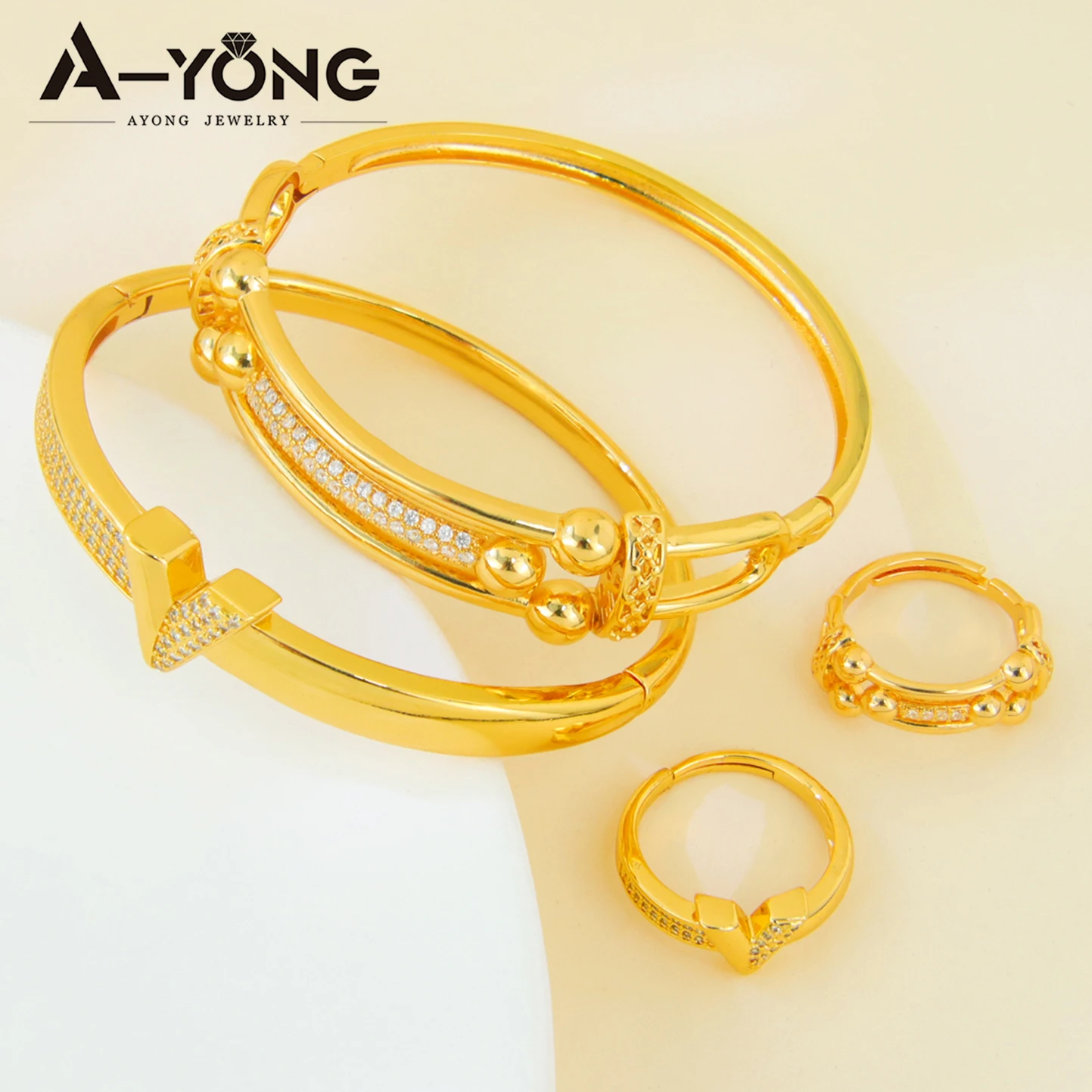 Dubai Brautschmuck-Set, 24 Karat vergoldet, italienische geometrische Zirkonia-Armreifen und -Ringe, Habesha-Schmuck für Damen, Event- und Party-Schmuck – Detail 2