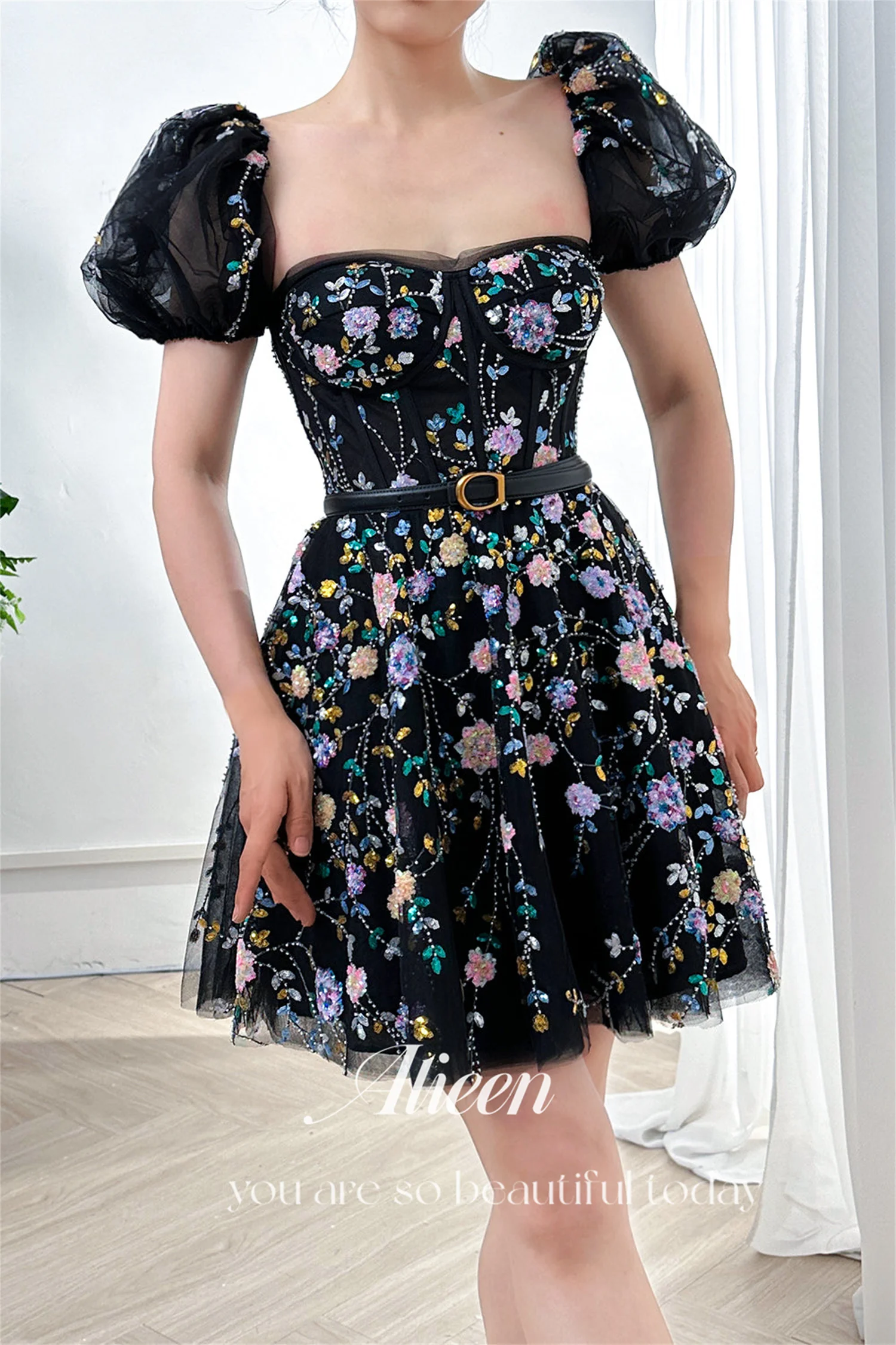 Aileen Black Cocktail Dress Sweetheart Sequins Young Girls Dresses Elegant Luxury Jancember Evening Gown Wedding Prom Party Gala