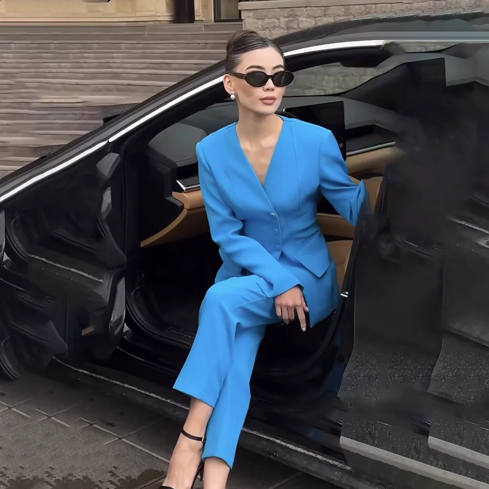 

Fashion Women Pant Suit New Style Female Office Lady Business Work Wear Jacket And Trouser Blue Formal 2 Piece Sets