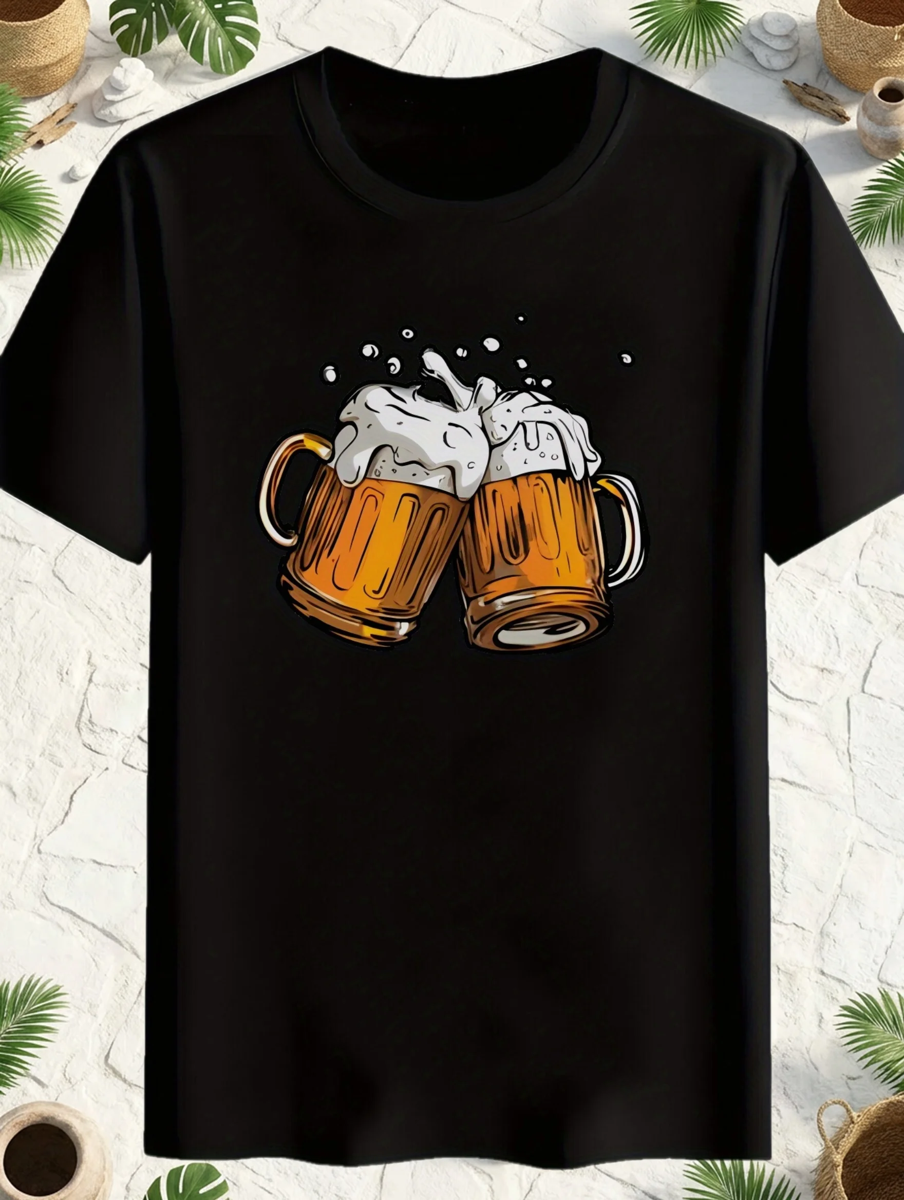 New Model Beer Cup Pattern Men Summer Casual T-shirt Versatile Trendy Made 100% Pure Cotton with Soft Fabric and A Loose Style