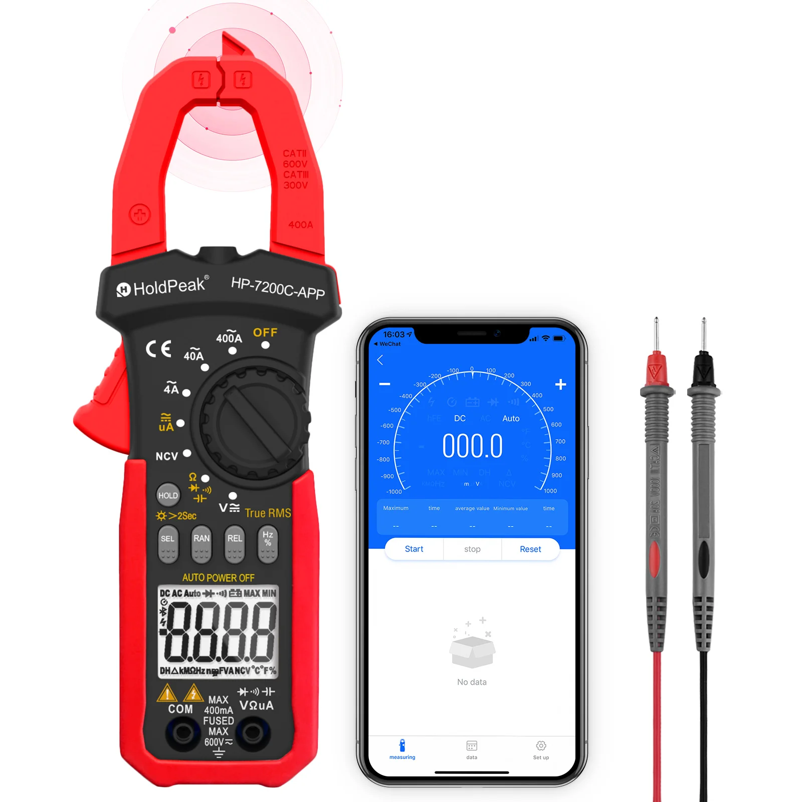 

HoldPeak HP-7200C 4000 Counts AC True-RMS Clamp Multimeter with APP, Bluetooth, 600V CATII, 400A, for Voltage/Current/Resistance