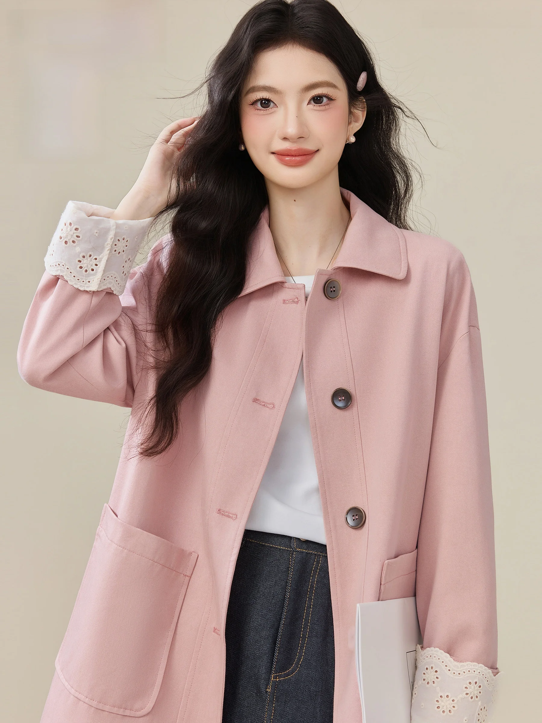 

Lingjiu Jiangliao DAING ort Lace Sve Coat Women's Mid-Length Windbreaker Outerwear Ele Commute Sle 2025 New