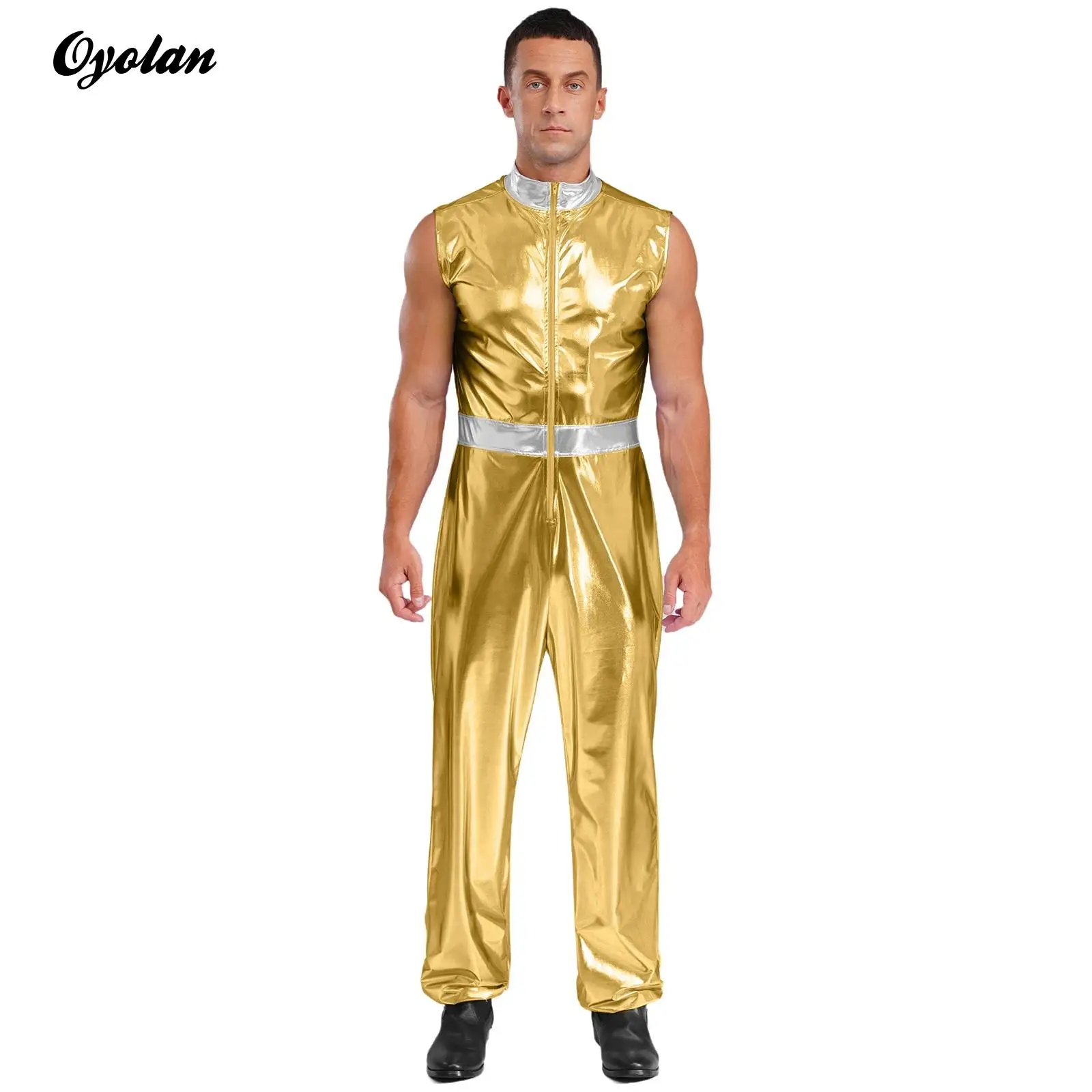 

Mens Shiny Metallic Hip Hop Unitards Jumpsuit Street Modern Dance Performance Costume Full Length Zipper Bodysuit Clubwear