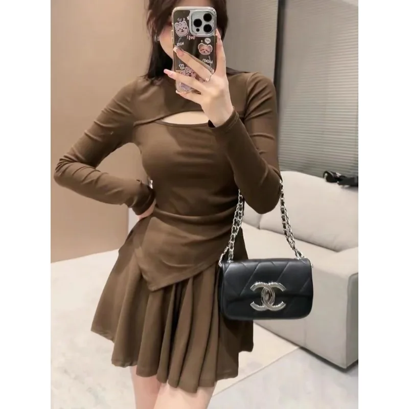 

Spring Summer Sexy Fashion Hollow Out Slim T-shirt High Waist Pleated A-line Mini Skirt Set Women's Long Sleeve Tee Skirts Suit