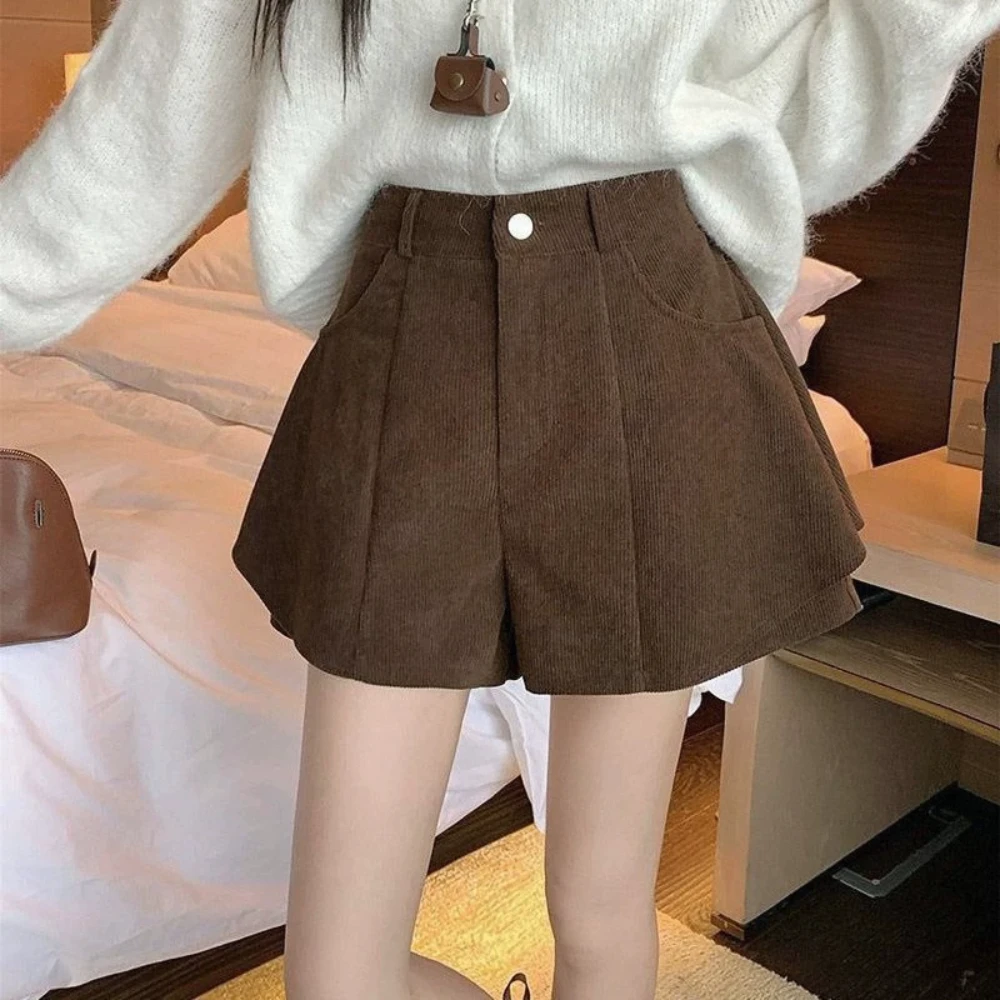 Women Simple Retro Corduroy High Waist Shorts Casual Daily Versatile Irregular Layered Hem Wide Leg Fall Winter Shorts