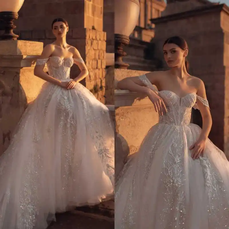 

Elegant Ball Gown Wedding Dresses Off Shoulder Sleeveless Beaded Appliques For Women Bride Gown Customized Vestido De Novia