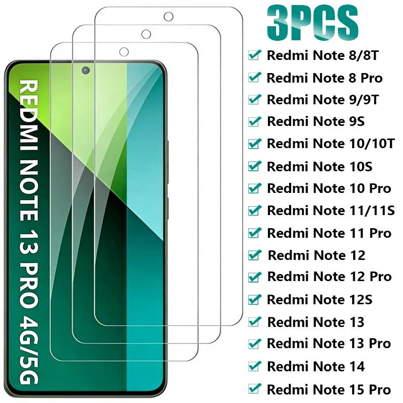 

Защитное стекло из закаленного стекла (3 шт.) для Xiaomi Redmi Note 14, 13, 15 Pro 5G, Redmi Note 12, 11, 10, 9, 8 Pro, 12S, 11S, 10S, 9S