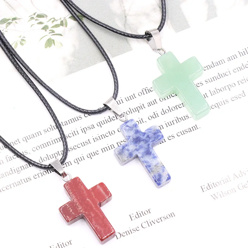 Natural Stone Cross Necklace Pendant Healing Crystals Gemstone Women Sweater Chain Crystal Charm Jewelry 1Pc with String