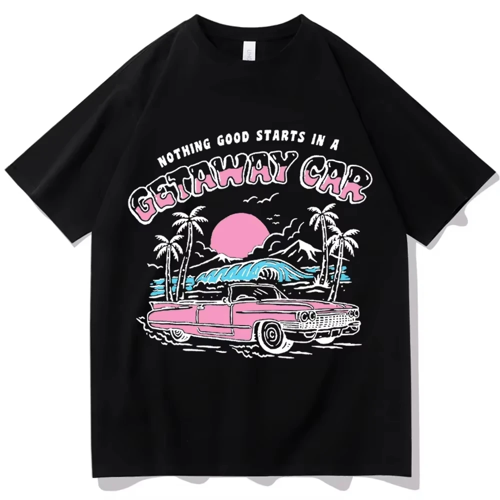 Retro Getaway Car Beach Graphic T Shirt Women Y2K Vintage Pink Car Palm Tree Sunset Print Casual Short Sleeve Tops