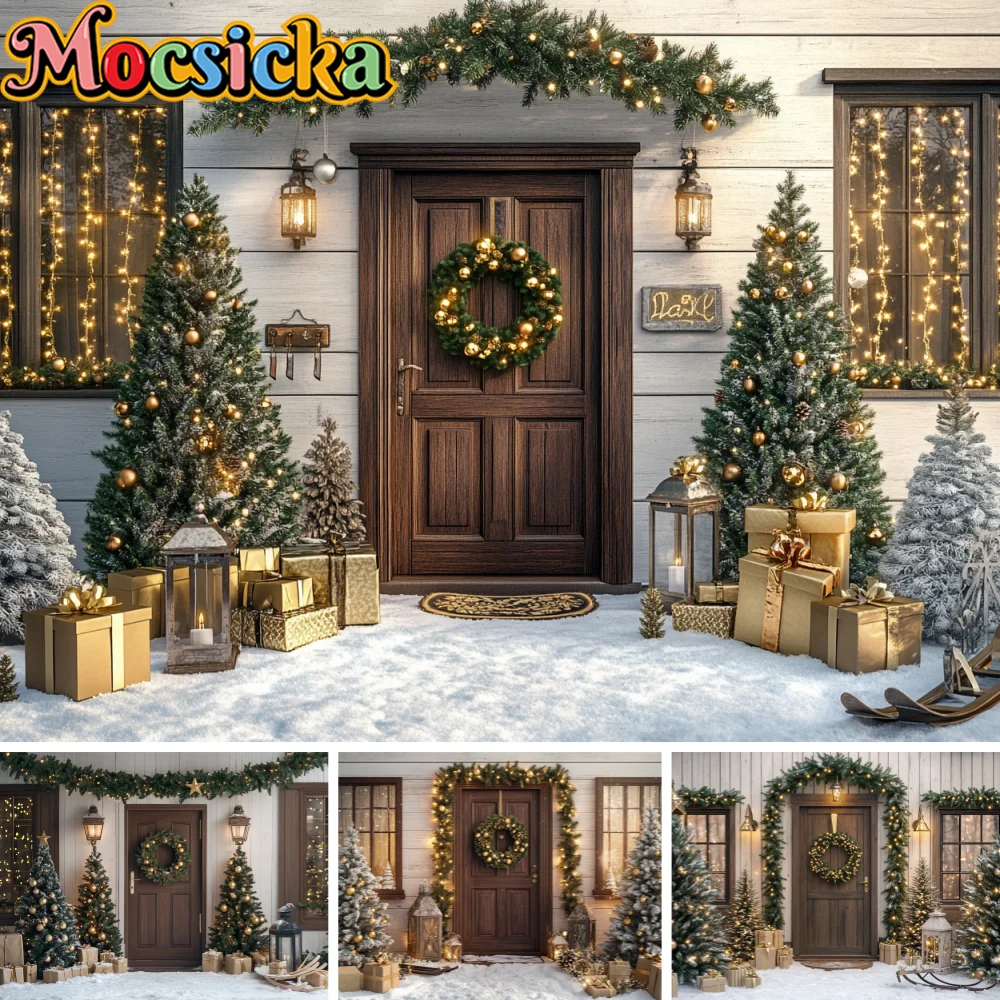 Mocsicka Christmas Snowy House Door Photography Backdrop Xmas Wreath Snow Tree Golden Gift Boxes Background Photo Booth Props