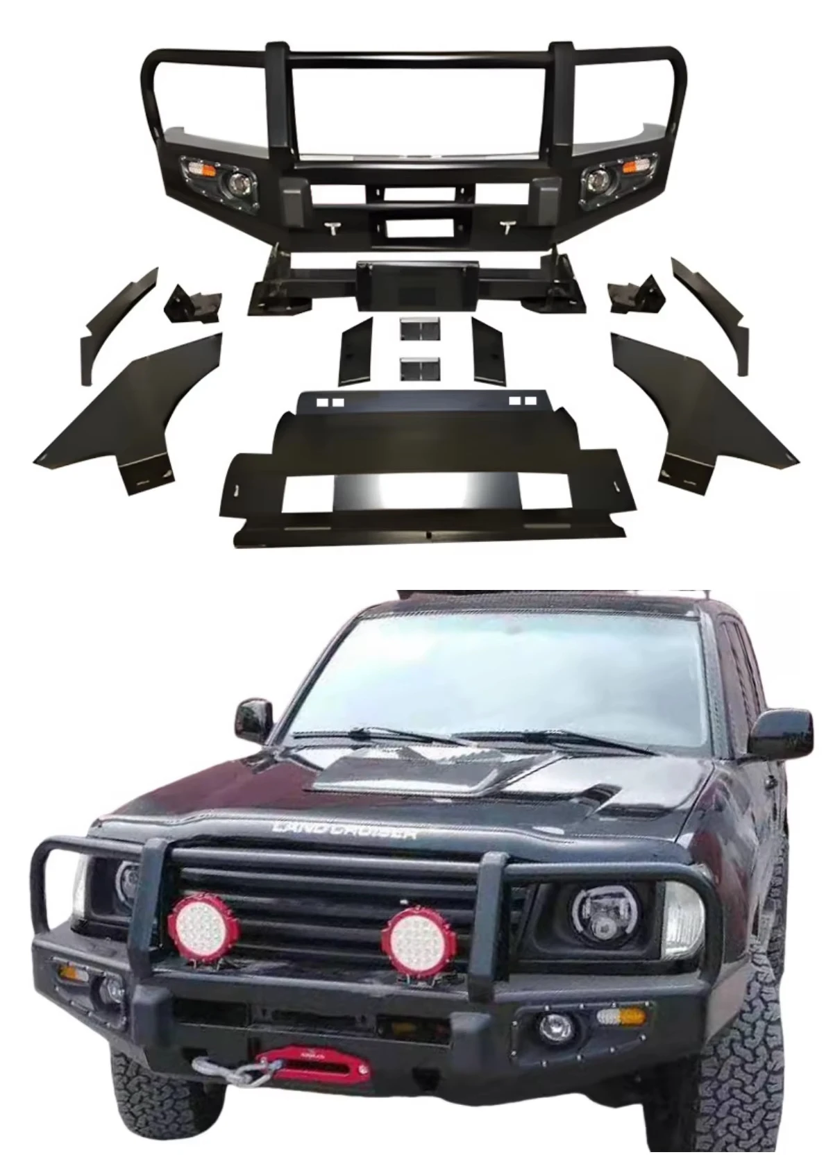 Front Car Bumper with Bull Bar For Land Cruiser 2005-2012 Hilux Vigo Powder Coated Includes Fog Light Bumper Cut