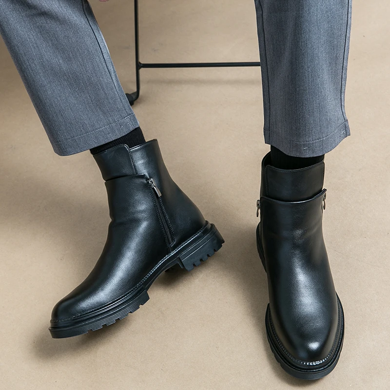 Round Toe Shoes Men\'s High Top Footwear Classic Retro Leather Chelsea Boots Side Zipper Fashion Ankle Boots Male Business Shoes