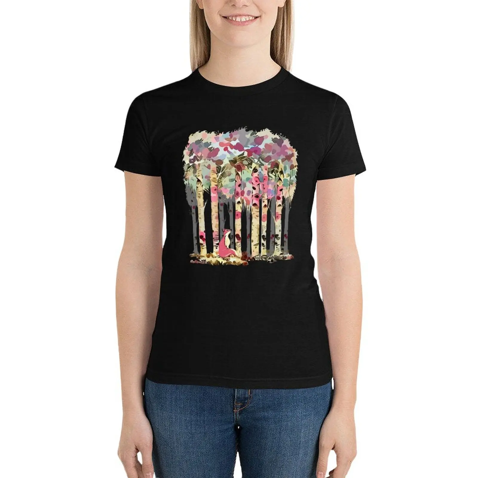 

Forest, autumn is coming,fox and birchs pink colorfull watercolor style T-Shirt kawaii clothes Aesthetic clothing Women clothing