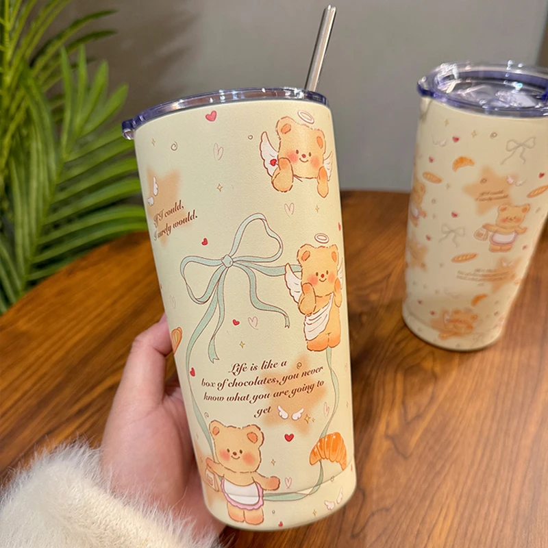 

Kawaii Bear Sainless Steel Thermos Insulated Tumbler For Ice Coffee Tea Beer Juice Cute Korean Water Bottle Cup With Straw 550ml