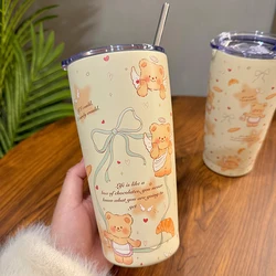 Kawaii Bear Sainless Steel Thermos Insulated Tumbler For Ice Coffee Tea Beer Juice Cute Korean Water Bottle Cup With Straw 550ml