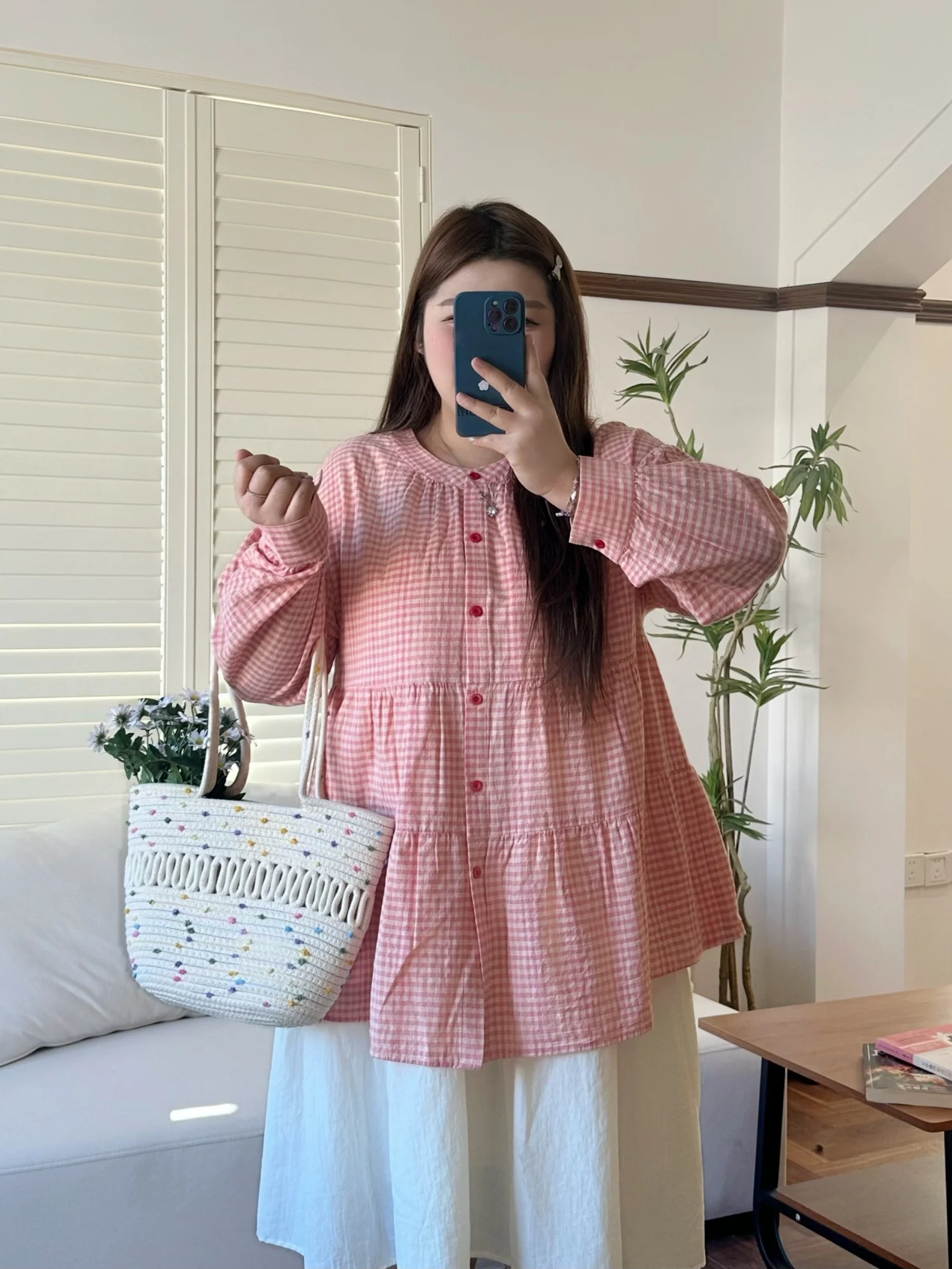 

Spring New Style Large Size Women's round Neck Plaid Shirt Casual Fashionable Soft Spring Cotton Blend Business Casual Shirt