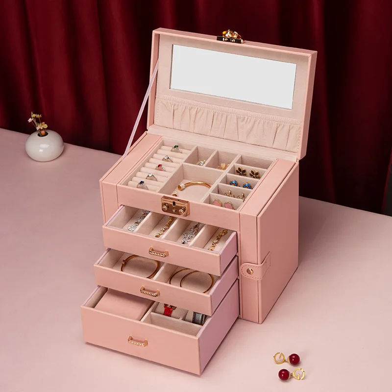 صندوق تخزين المجوهرات الراقية، والقلادة، والأقراط، وصندوق مجوهرات فاخر ورائع متعدد الطبقات #4