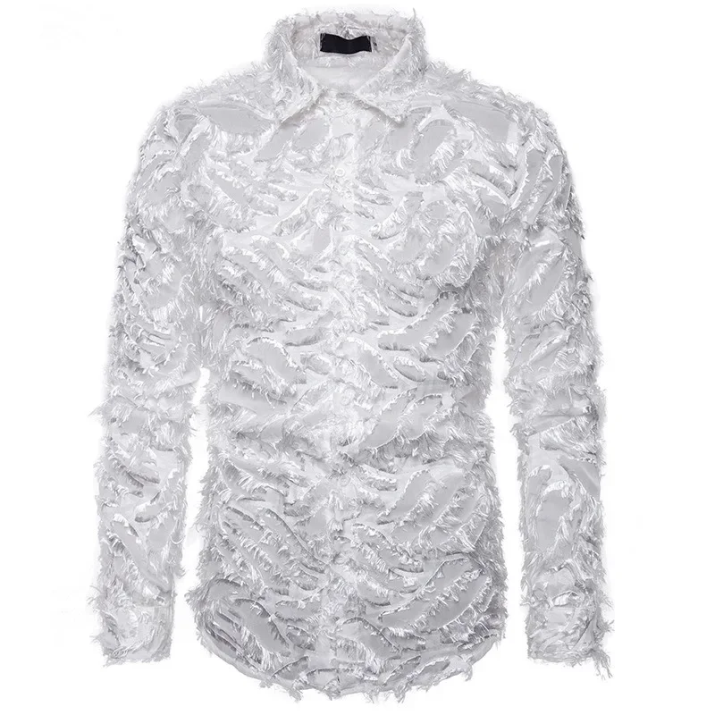 2 Colors!2024 Summer New Men\'s Shirt Handmade Three Dimensional Feather Fabric Featured Collar Long Sleeve Shirts