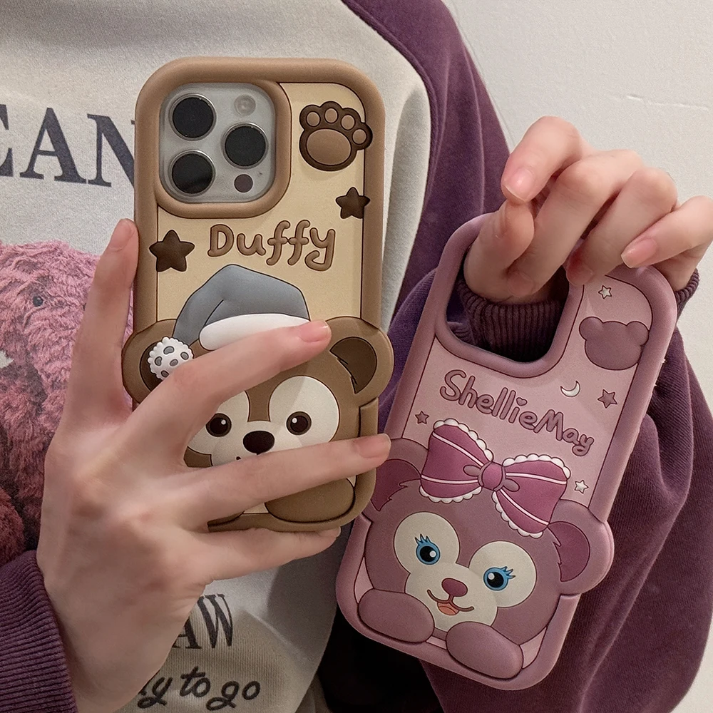 Cute 3D Cartoon Bear Duffy ShellieMay Soft Silicone Cover Phone Case for iPhone 16 15 14 Plus 12 Pro Max 11