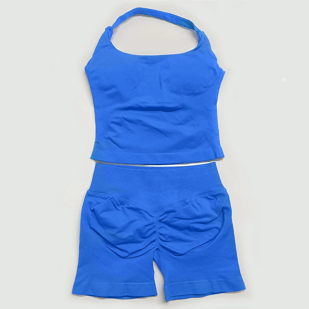Yoga outfits Dames 2 stuks Sport DFNNYE Impact Set halterneck Backless Halter Top Naadloze Scrunch Shorts Gym Workout Sportpak