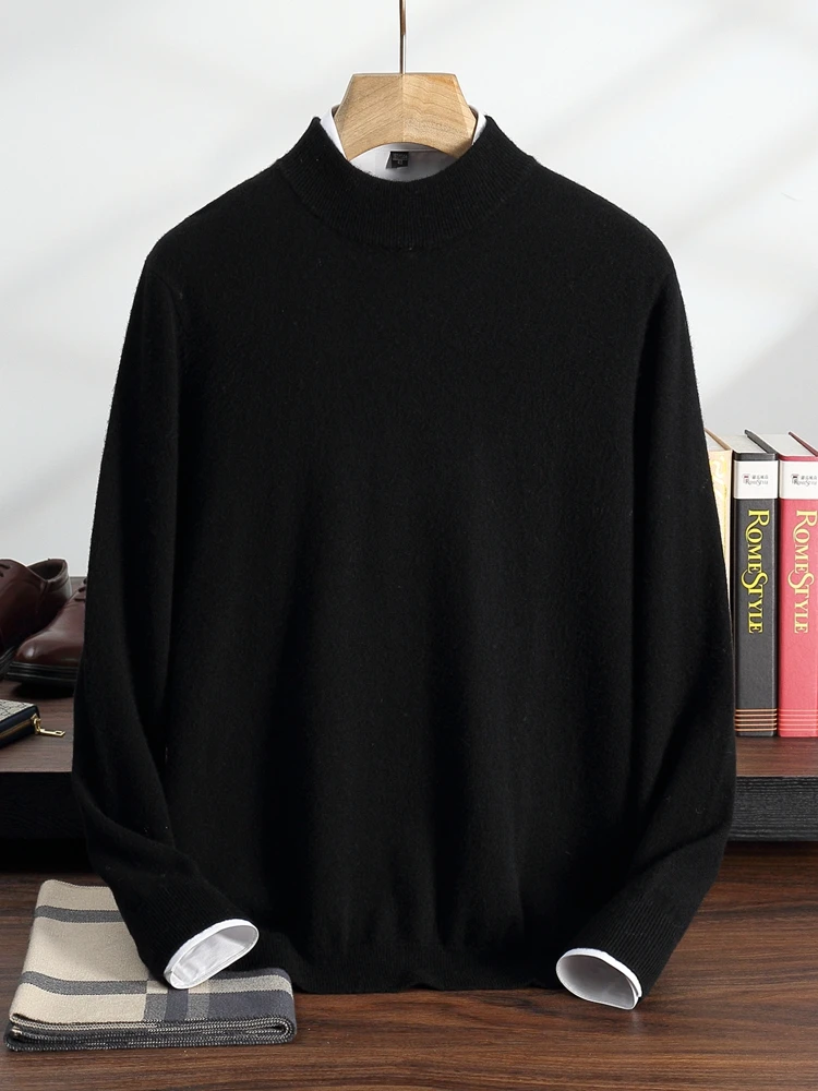 TLOML Men 100% Cashmere Sweater Mock Neck Basic Pullover Autumn Winter Soft Warm Comfy Bottom Cashmere Knitwear High Quality Top
