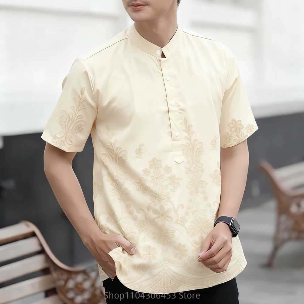 2025 New Men's Ethnic Style Simple Retro Short-sleeved Shirt Plant 3D Printing Business Casual Fashion T-shirt Vacation Outdoor