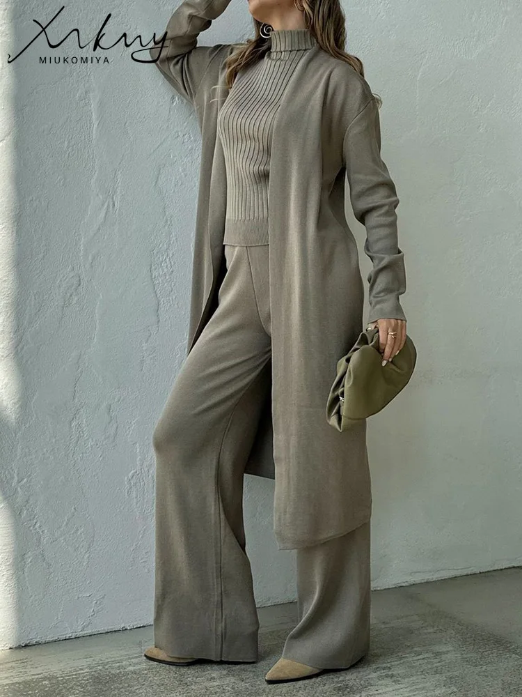 Spring 3 Pieces Set Outfits Women Knitted Suits Pants Sets Khaki Turtleneck Vest Long Cardigans Loose 3 Pieces Suit For Women