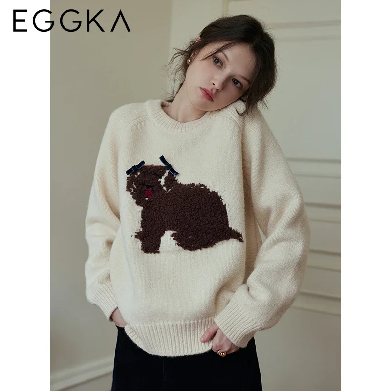 EGGKA Cute Dog Cartoon Pullover Sweaters for Women 2024 Winter New O-neck Long-sleeve Sweater Keep Warm Knitted Thicken Jumpers