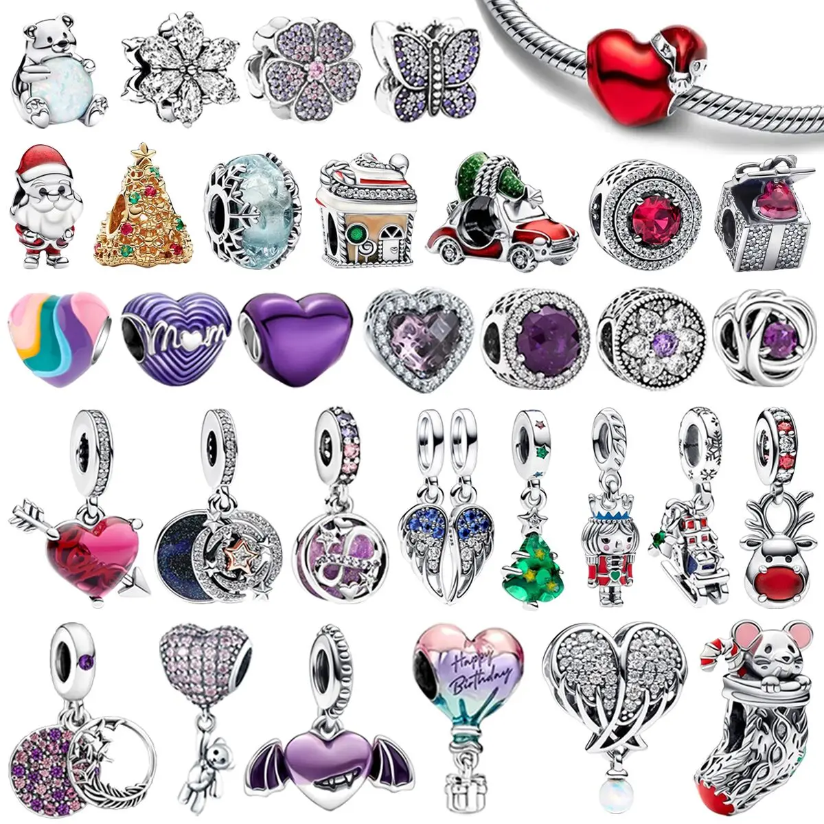 New in 925 Sterling Silver Murano Bead Heart Dangle Pendant Charm Fit Original Bracelets Women DIY Jewelry Making Christmas Gift