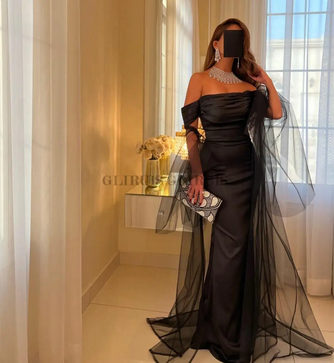 

Long Black Muslim Evening Dresses فساتين السهرة Mermaid Of Shoulder Floor Length Ziper Back Robe de soirée