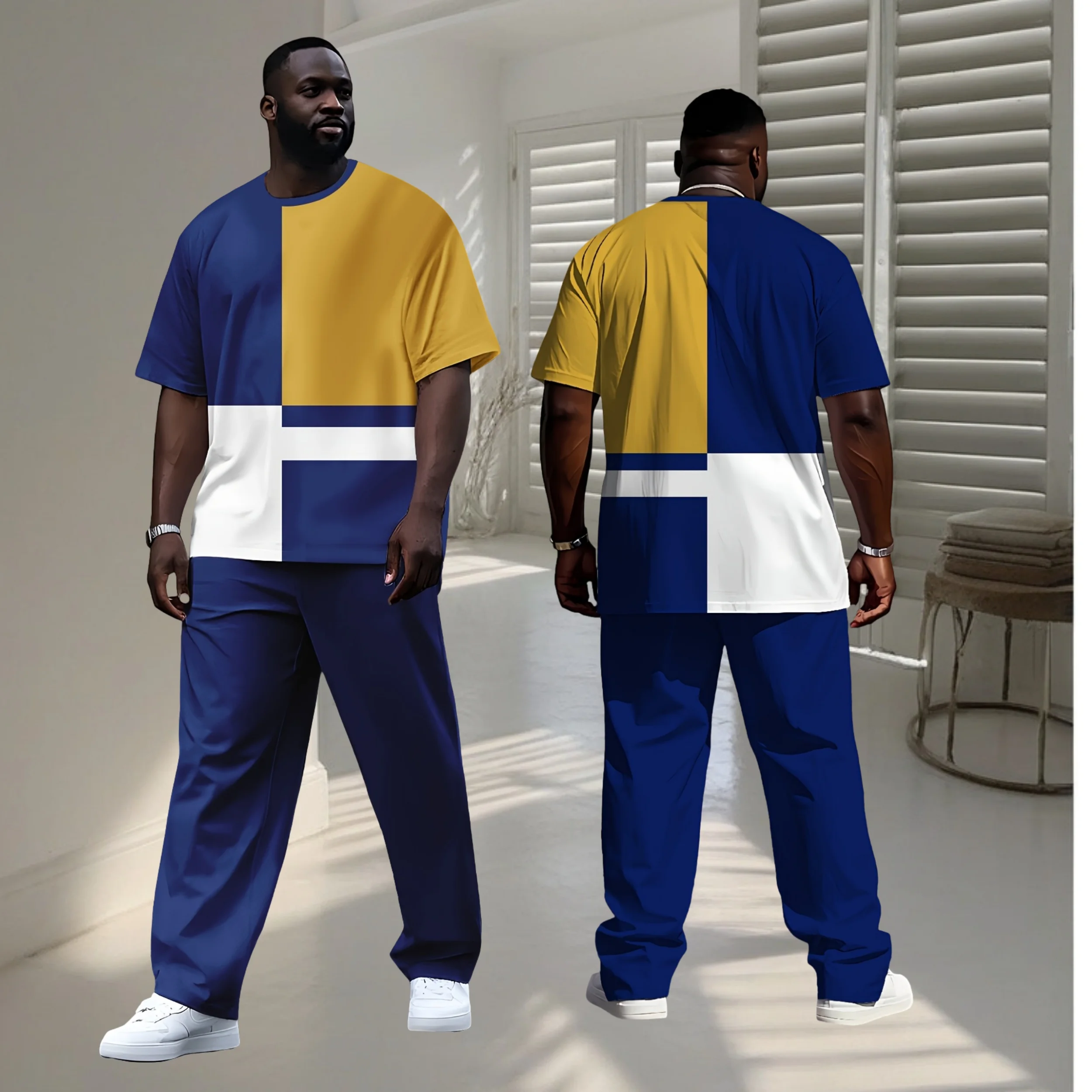 

Spring and Autumn Short Sleeve Set American Y2K Splicing Color Street Fashion Men's 3D Adult Short Sleeve Wide Leg Pants